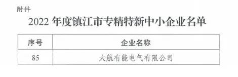 大航有能榮獲2022年度鎮江市專精特新“小巨人”稱號！